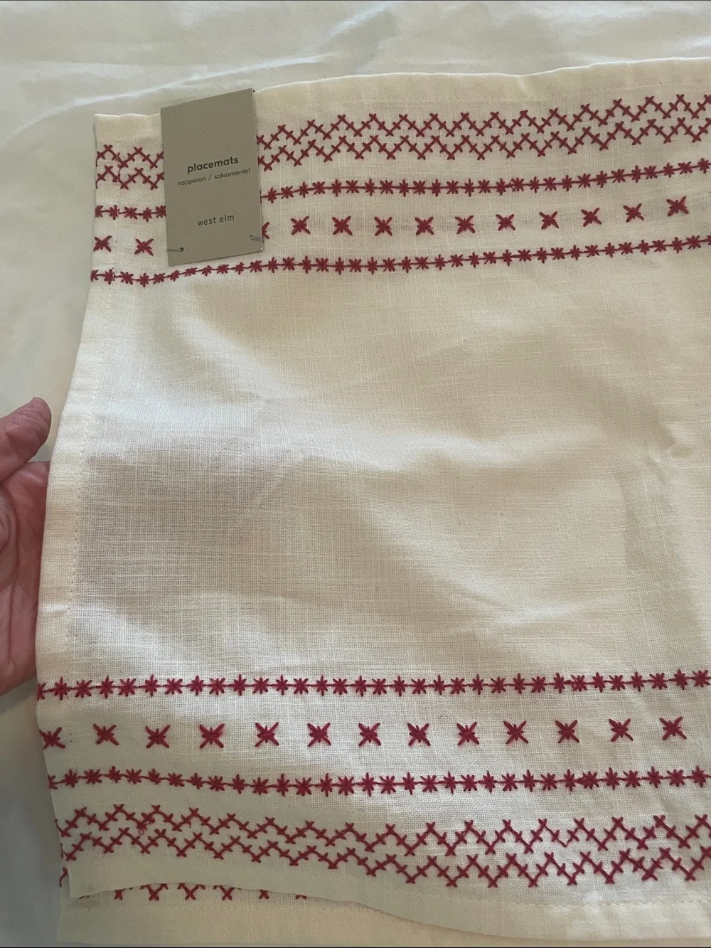 NWT West Elm Embroidered Cream Placemat with Red Cross-Stitch Trim